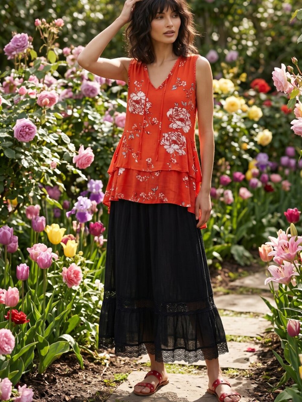 Beautiful Floral Red SUZANNE BETRO Women's Layered Tunic Sleeveless BLOUSE NWOT